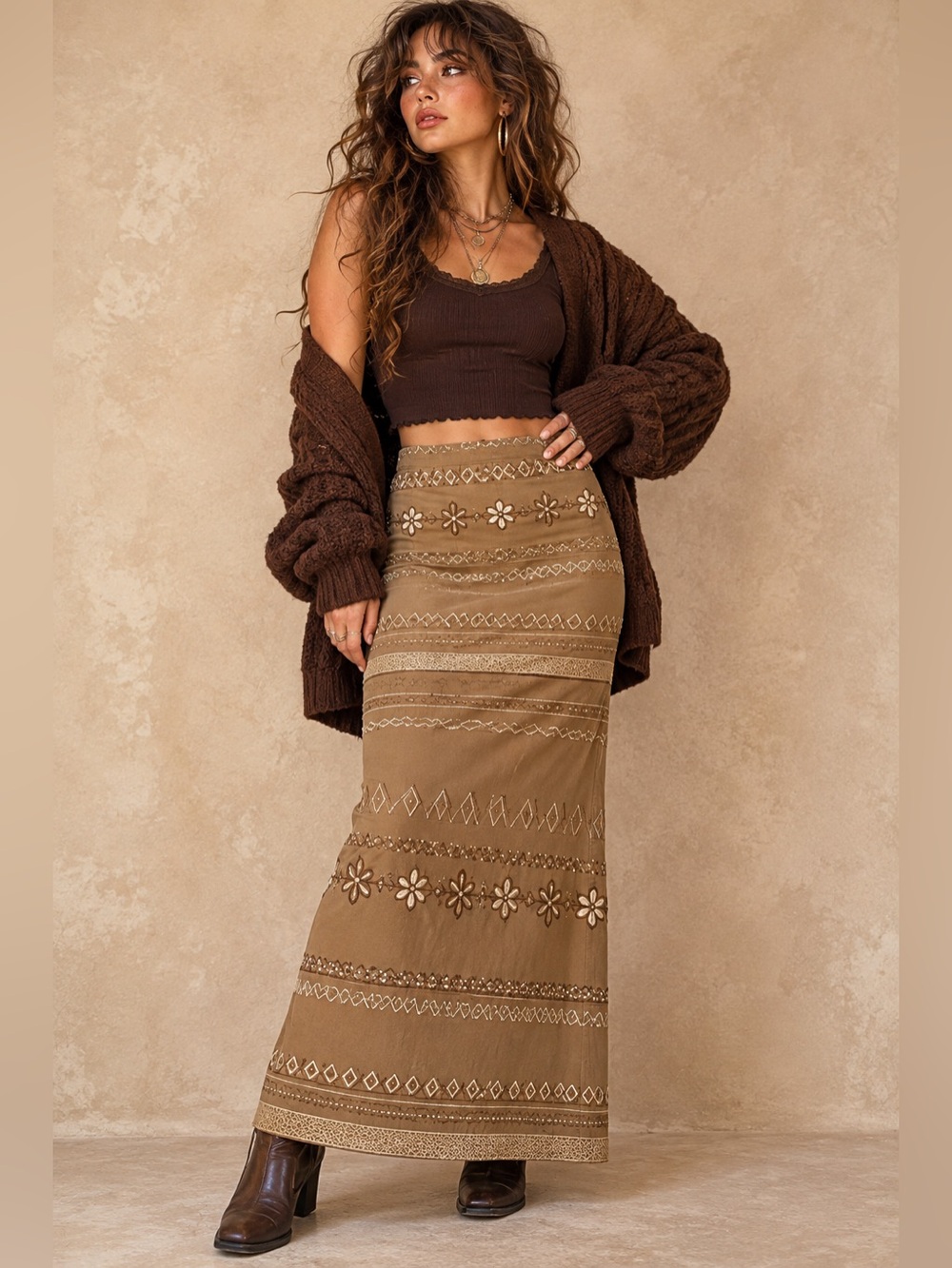 Vintage Y2K Boho Brown Geometric Floral Maxi Skirt Whimsigoth 90s Fall Size 6